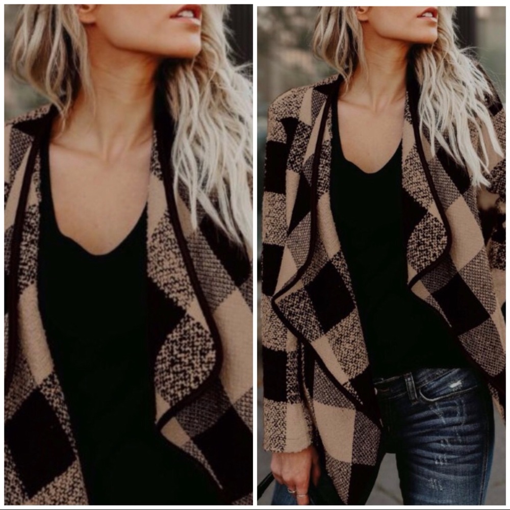 NWOT Classic Brown And Tan Plaid Open Front Women's Jacket